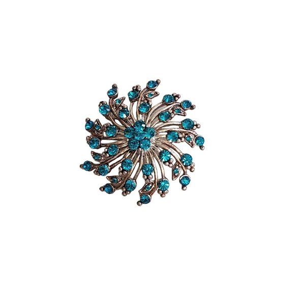 Vintage Turquoise Rhinestone Crystal Flower Swirl Blue Pin Brooch - Picture 9 of 16